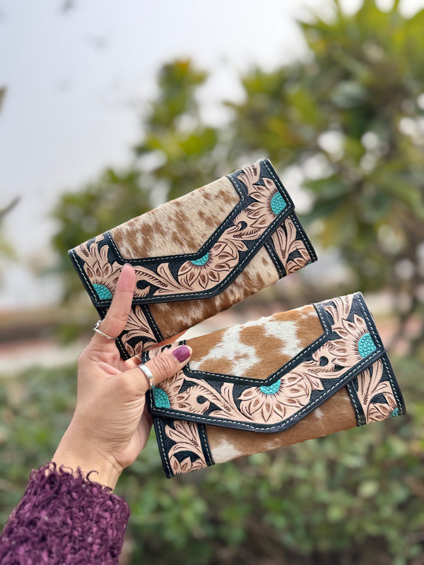 Cowhide Fur Clutch Hand Tooled Carving Wallet Hair on Hide Stylish Clutches for Women's