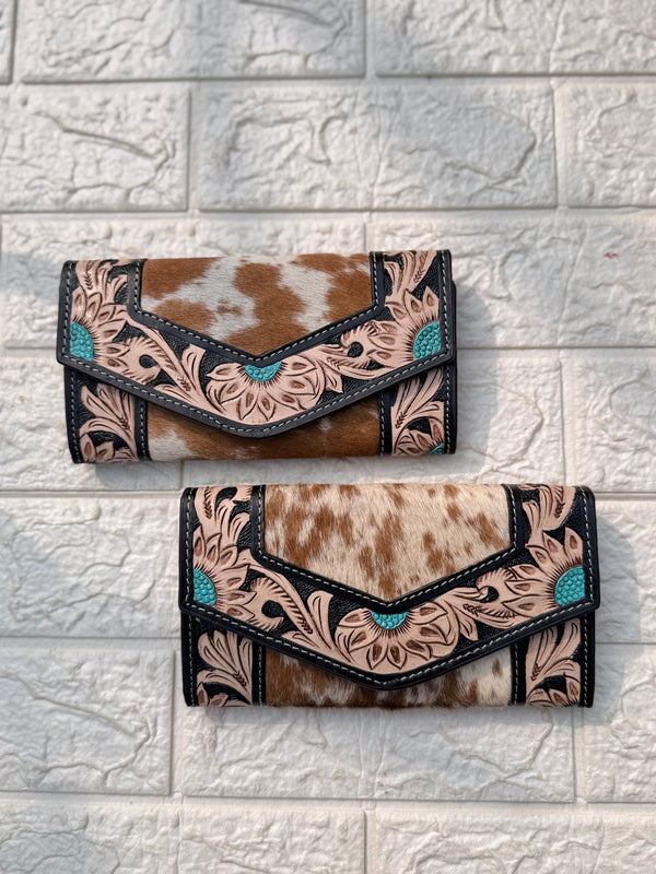 Cowhide Fur Clutch Hand Tooled Carving Wallet Hair on Hide Stylish Clutches for Women's