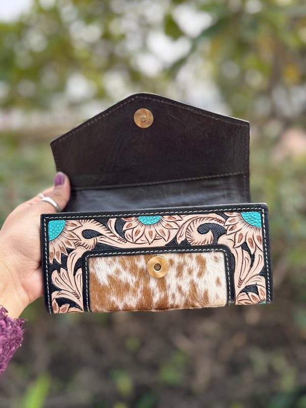 Cowhide Fur Clutch Hand Tooled Carving Wallet Hair on Hide Stylish Clutches for Women's