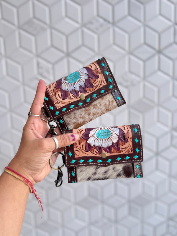 Western Hair on Cowhide Leather New Hand Tooled Carving Small Coin PurseMini Wallet for Women Gifts