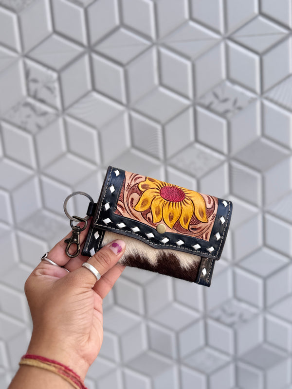 Western Hair on Cowhide Leather New Hand Tooled Carving Small Coin PurseMini Wallet for Women Gifts