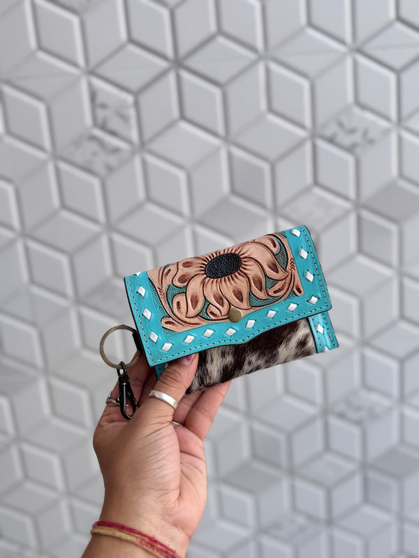 Western Hair on Cowhide Leather New Hand Tooled Carving Small Coin PurseMini Wallet for Women Gifts