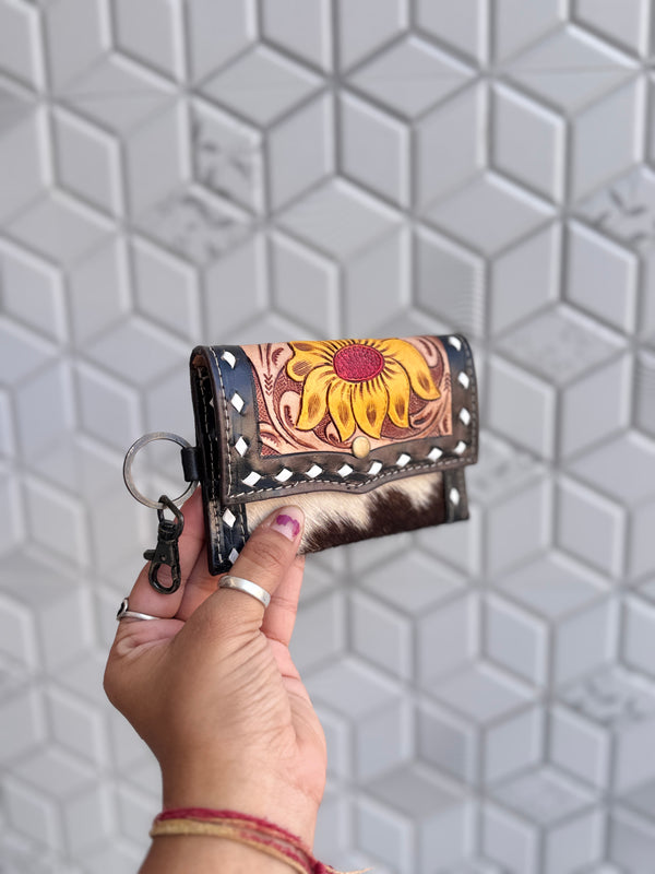 Western Hair on Cowhide Leather New Hand Tooled Carving Small Coin PurseMini Wallet for Women Gifts