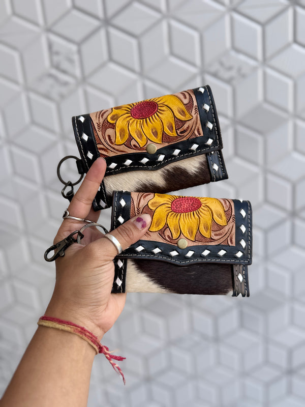 Western Hair on Cowhide Leather New Hand Tooled Carving Small Coin PurseMini Wallet for Women Gifts