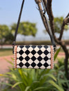 Hand Tooled Leather Clutch Phone Case Stylish Genuine Leather Black Checker PatternWallets for Women