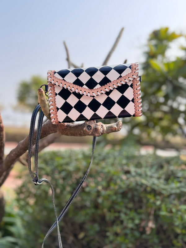 Hand Tooled Leather Clutch Phone Case Stylish Genuine Leather Black Checker PatternWallets for Women