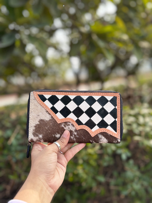Hand Tooled Carving Leather Clutch Stylish Cowhide Fur Leather Checker Pattern Wallets for Women