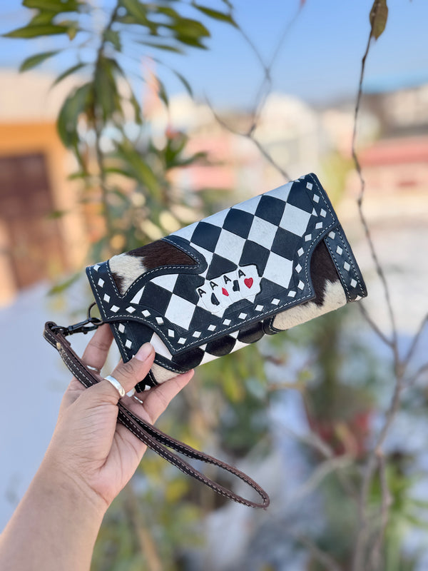 Hand Tooled Carving Wallet Clutch Phone Case Stylish Checkers Pattern Cowhide Fur Wallet