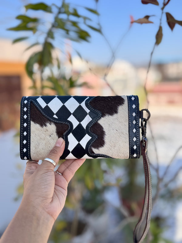 Hand Tooled Carving Wallet Clutch Phone Case Stylish Checkers Pattern Cowhide Fur Wallet