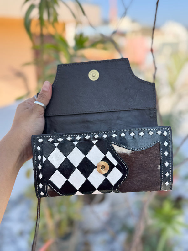 Hand Tooled Carving Wallet Clutch Phone Case Stylish Checkers Pattern Cowhide Fur Wallet