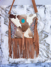 Hair on Hide Fur Leather Fringe Handbag Carving Tooled Leather Cross Body Sling Bag
