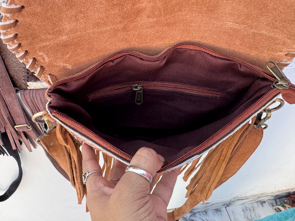 Hair on Hide Fur Leather Fringe Handbag Carving Tooled Leather Cross Body Sling Bag