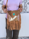 Hair on Hide Fur Leather Fringe Handbag Carving Tooled Leather Cross Body Sling Bag