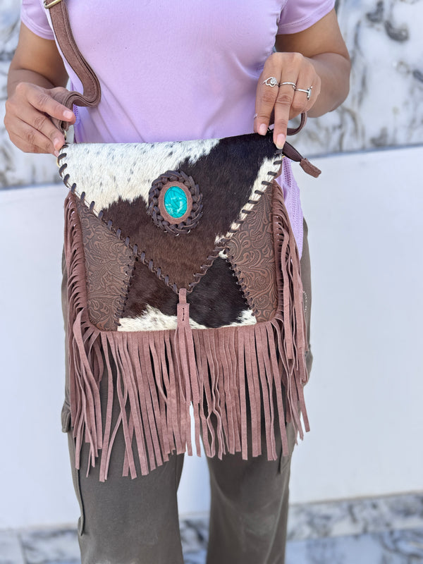 Hair on Hide Fur Leather Fringe Handbag Carving Tooled Leather Cross Body Sling Bag