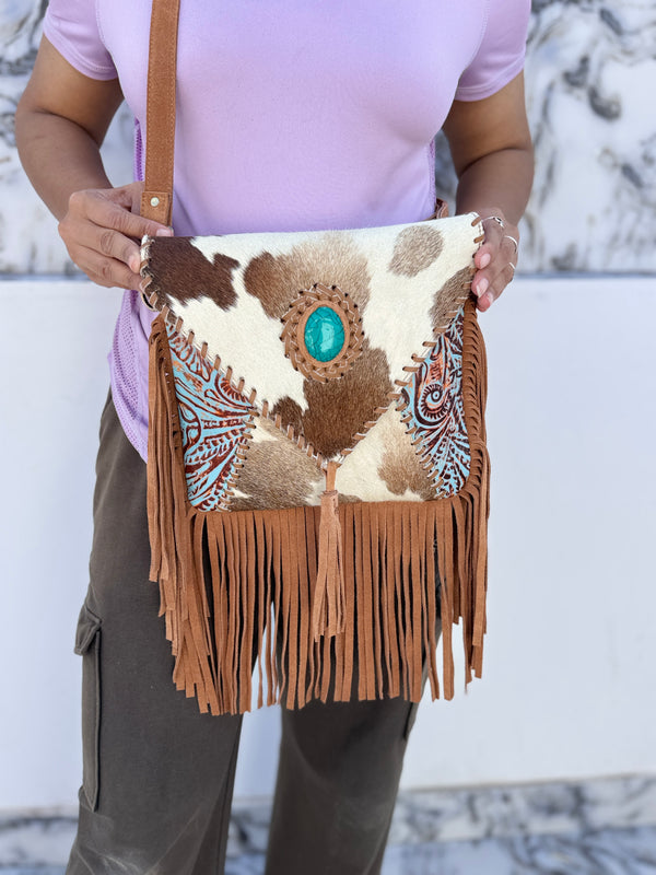 Hair on Hide Fur Leather Fringe Handbag Carving Tooled Leather Cross Body Sling Bag