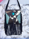 Hair on Hide Fur Leather Fringe Handbag Carving Tooled Leather Cross Body Sling Bag