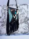 Hair on Hide Fur Leather Fringe Handbag Carving Tooled Leather Cross Body Sling Bag