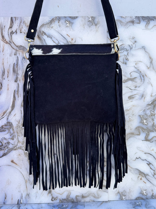 Hair on Hide Fur Leather Fringe Handbag Carving Tooled Leather Cross Body Sling Bag
