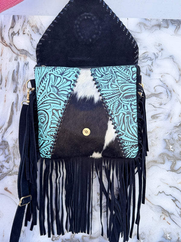 Hair on Hide Fur Leather Fringe Handbag Carving Tooled Leather Cross Body Sling Bag