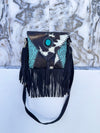 Hair on Hide Fur Leather Fringe Handbag Carving Tooled Leather Cross Body Sling Bag
