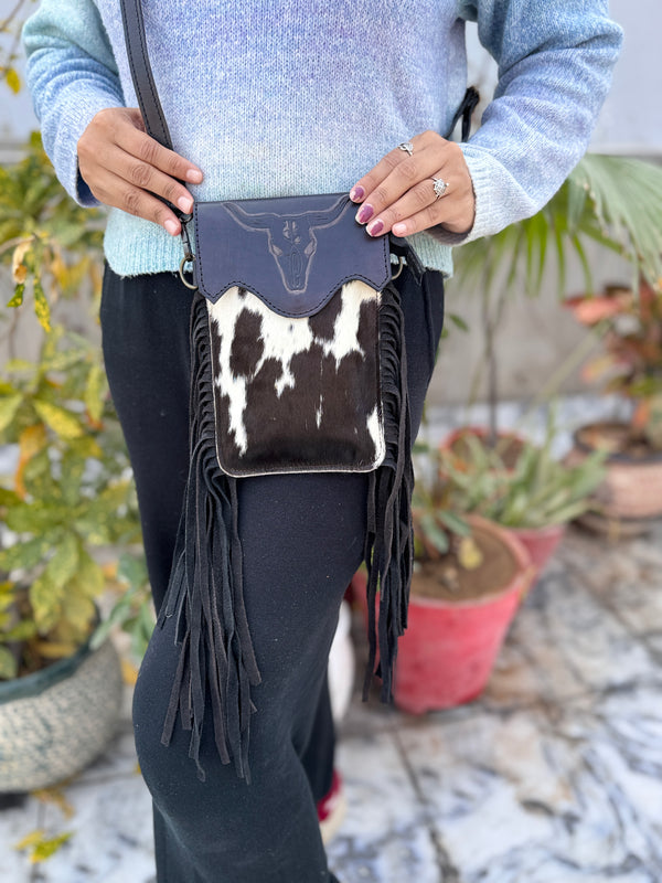 Real Cowhide Fur Fringe Hand Tooled Carving Phone Purse Sling Bag Small Size Bags