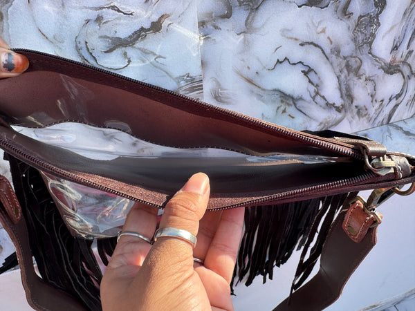 Western Fringe Transparent Clear Bag Stylish Hand Tooled Carving Leather Purse