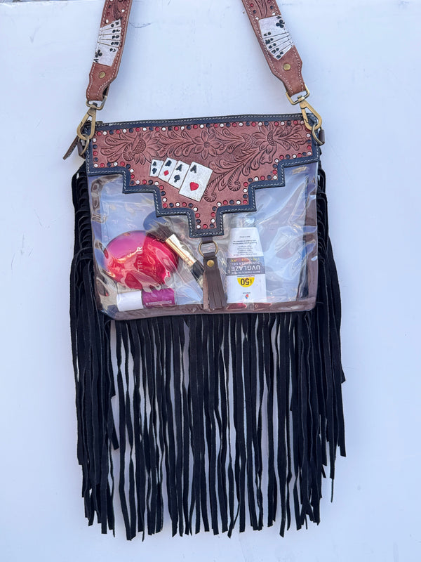 Western Fringe Transparent Clear Bag Stylish Hand Tooled Carving Leather Purse