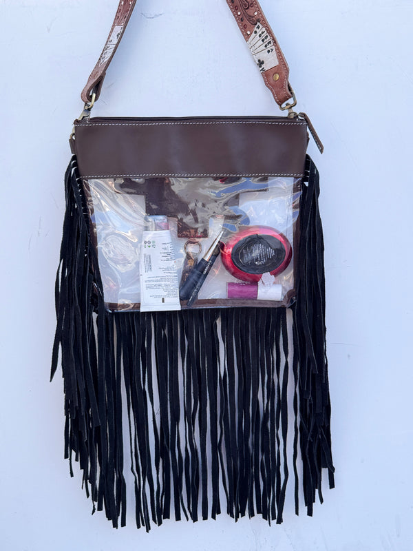 Western Fringe Transparent Clear Bag Stylish Hand Tooled Carving Leather Purse