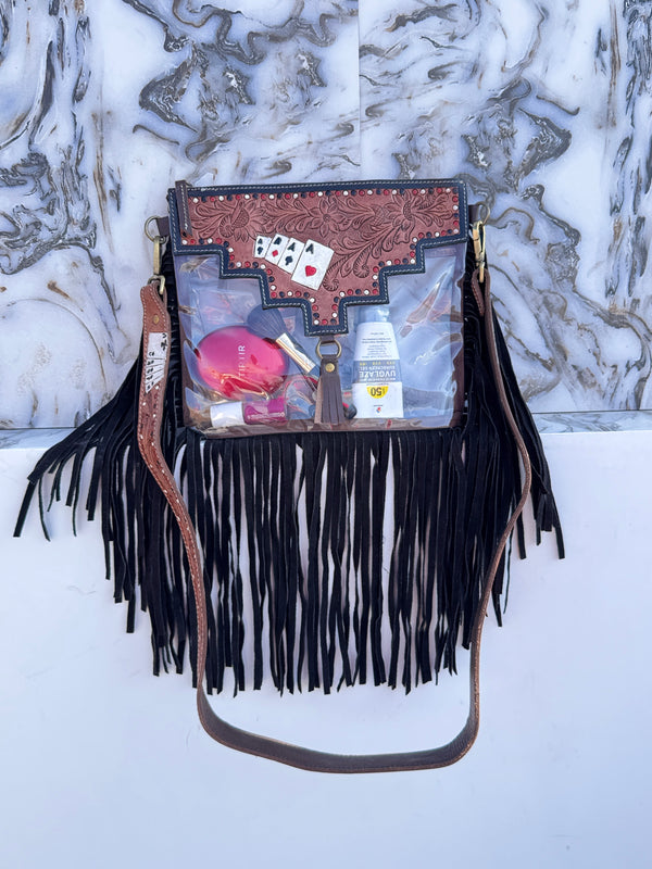 Western Fringe Transparent Clear Bag Stylish Hand Tooled Carving Leather Purse