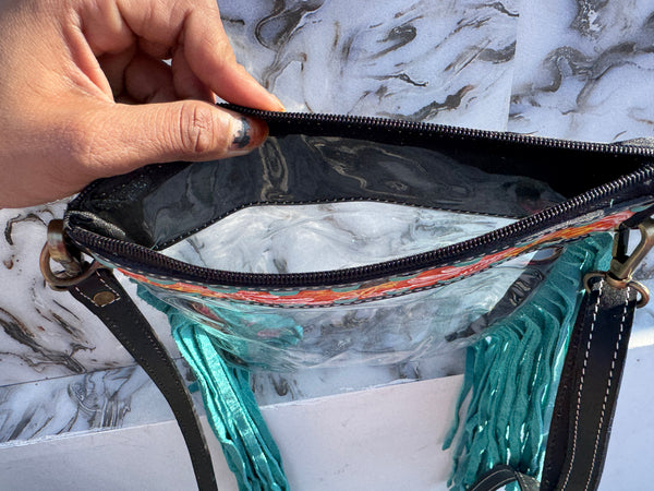 Hand Tooled Carving Leather Fringe Transparent Clear Bag Stylish Purse