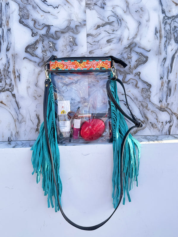 Hand Tooled Carving Leather Fringe Transparent Clear Bag Stylish Purse
