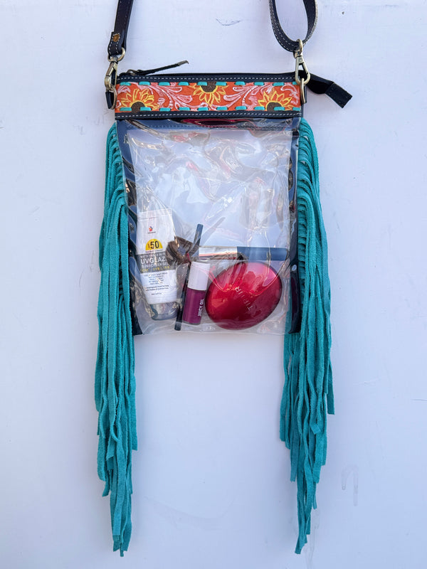 Hand Tooled Carving Leather Fringe Transparent Clear Bag Stylish Purse