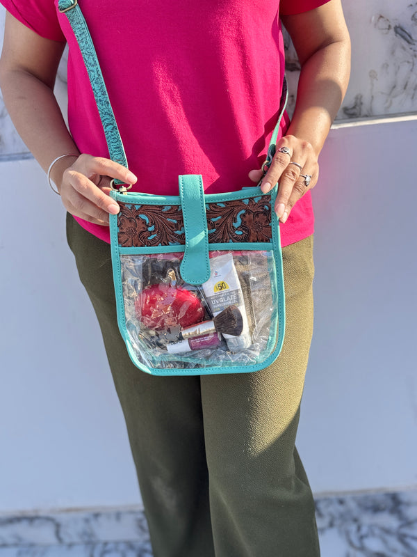 Hand Tooled Carving Leather Transparent Clear Bag for Women's Multi Use
