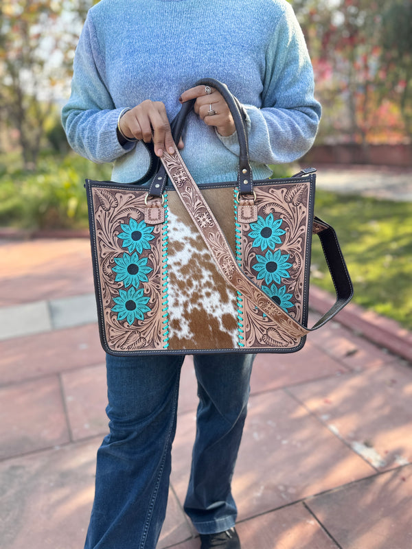 Cowhide Fur Tote Bag Stylish Leather Purse Hair on Hide Carving Hand Tooled Bags