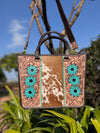 Cowhide Fur Tote Bag Stylish Leather Purse Hair on Hide Carving Hand Tooled Bags