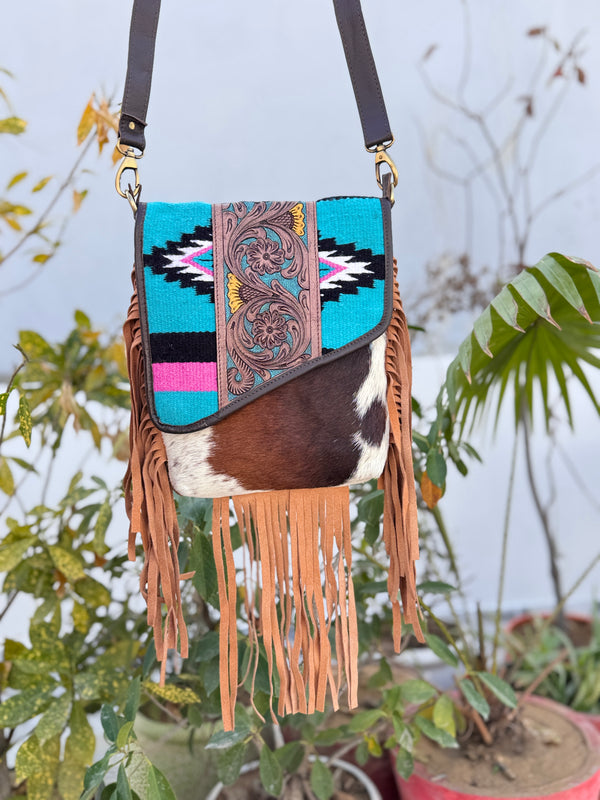 Hand Tooled Leather Handbag Real Cowhide Leather Bag Aztec Saddle Blanket Fringe Bags