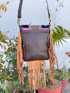 Hand Tooled Leather Handbag Real Cowhide Leather Bag Aztec Saddle Blanket Fringe Bags