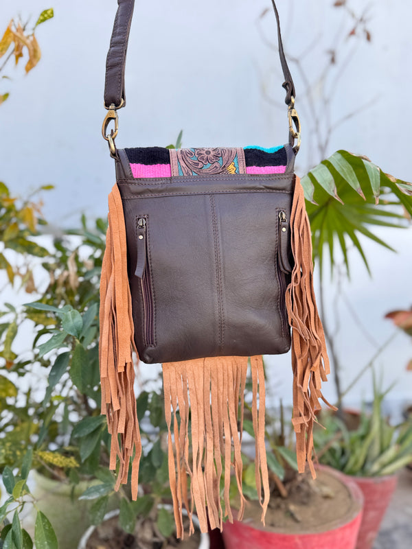 Hand Tooled Leather Handbag Real Cowhide Leather Bag Aztec Saddle Blanket Fringe Bags