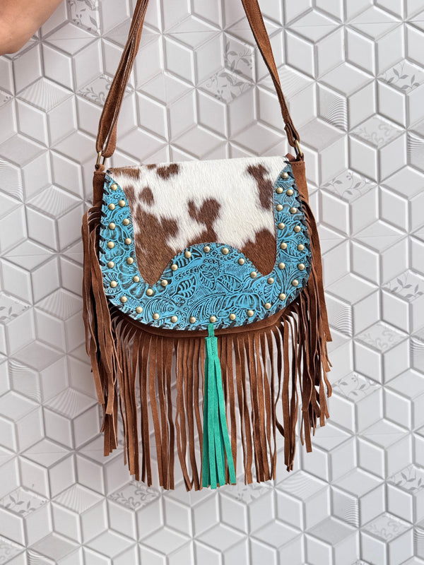 Western Style Cowhide Leather Fringe Carving Turquoise Colour Border Handbag Sling Bag Bohemian Fringe Bag