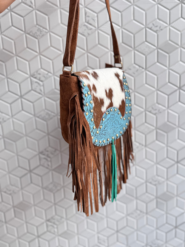 Western Style Cowhide Leather Fringe Carving Turquoise Colour Border Handbag Sling Bag Bohemian Fringe Bag