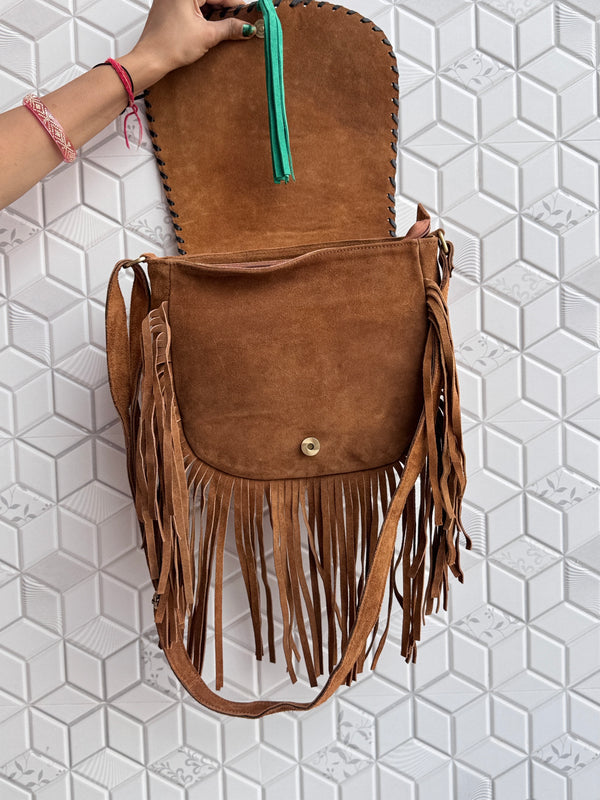 Western Style Cowhide Leather Fringe Carving Turquoise Colour Border Handbag Sling Bag Bohemian Fringe Bag