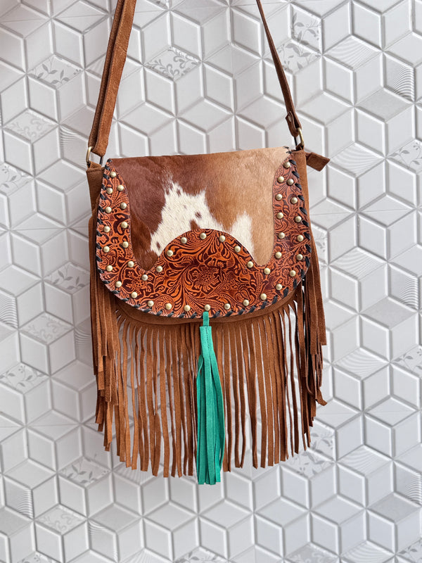 Western Style Cowhide Leather Fringe Carving Turquoise Colour Border Handbag Sling Bag Bohemian Fringe Bag