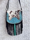 Western Style Cowhide Leather Fringe Carving Turquoise Colour Border Handbag Sling Bag Bohemian Fringe Bag