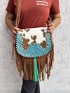 Western Style Cowhide Leather Fringe Carving Turquoise Colour Border Handbag Sling Bag Bohemian Fringe Bag