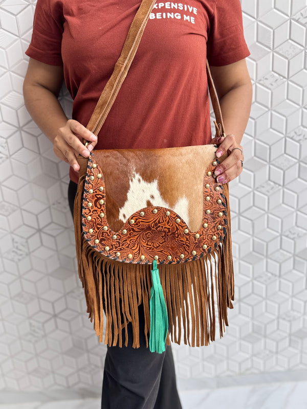 Western Style Cowhide Leather Fringe Carving Turquoise Colour Border Handbag Sling Bag Bohemian Fringe Bag