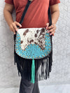 Western Style Cowhide Leather Fringe Carving Turquoise Colour Border Handbag Sling Bag Bohemian Fringe Bag