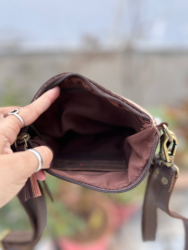 Phone Purse Handbag Real Cowhide Fur Fringe Hand Tooled Carving Sling Bag Small Size Bags