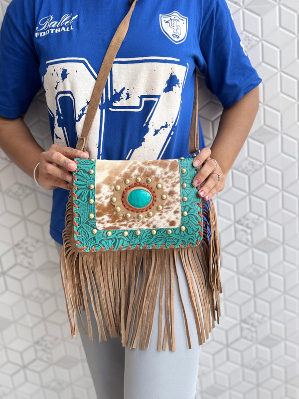 Real Cowhide Fringe Handbag Turquoise Stone Sling Bag Gypsy Boho Vintage Handmade BagStylish Bags