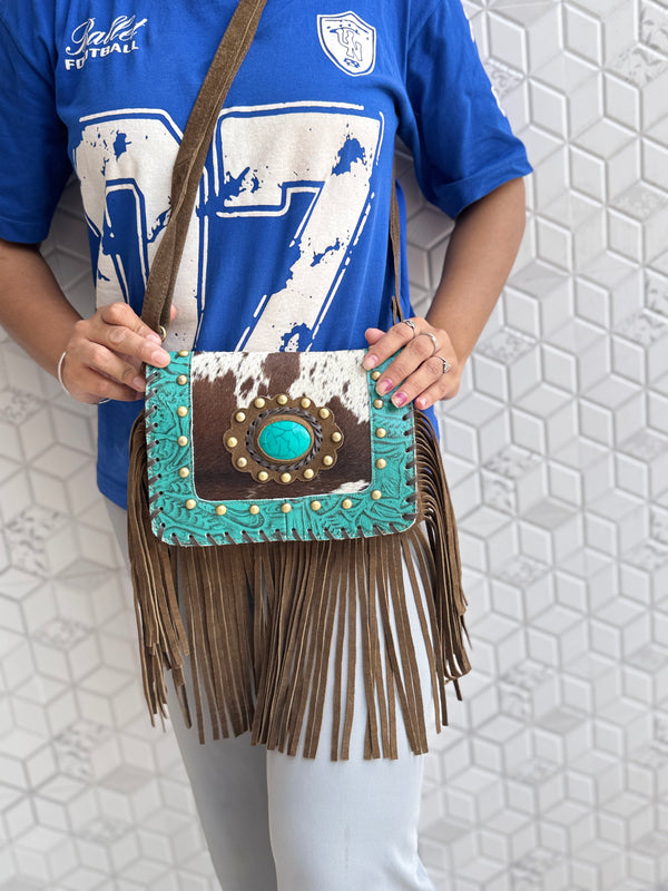Real Cowhide Fringe Handbag Turquoise Stone Sling Bag Gypsy Boho Vintage Handmade BagStylish Bags