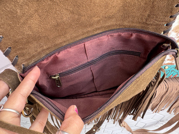 Real Cowhide Fringe Handbag Turquoise Stone Sling Bag Gypsy Boho Vintage Handmade BagStylish Bags